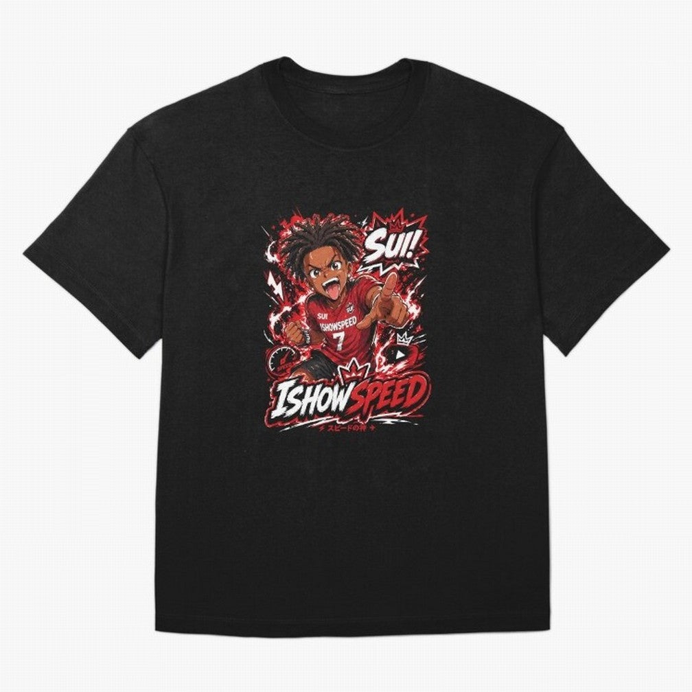 I Show Speed SUI Anime poster | Hype art Red Black Streewear Oversized T-Shirt Showcase Match Day Hype around FIFA World Cup 2026, Cristiano Ronaldo, Haaland and CR7, Portugal, Supporter Pride, Iconic Celebrations, Legendary Names and Global Match
