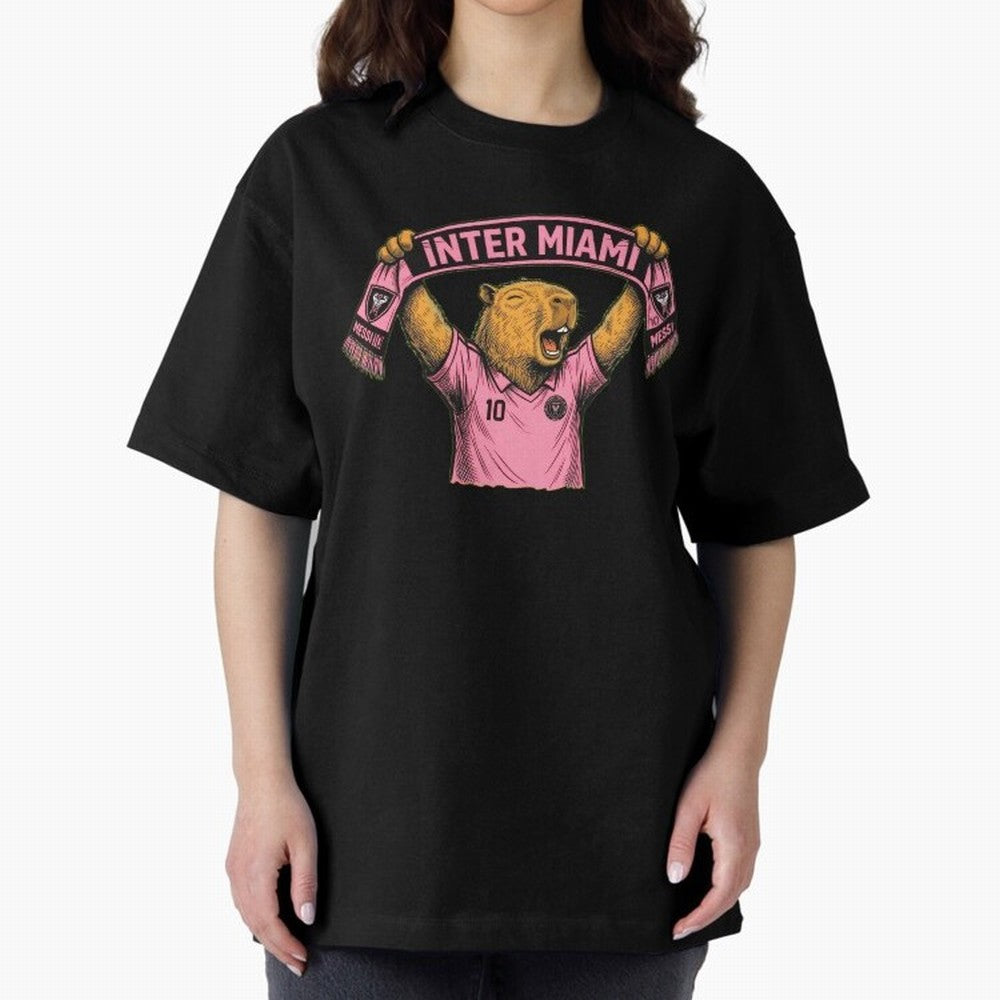 Capybara Inter Miami Fan Celebrating ¨C Funny Soccer Illustration with Scarf Oversized T-Shirt Create FIFA World Cup 2026 Group Stage Spirit, Made for Portugal, Cristiano Ronaldo, Haaland and CR7, Football Festival Excitement, Trophy Ambitions,