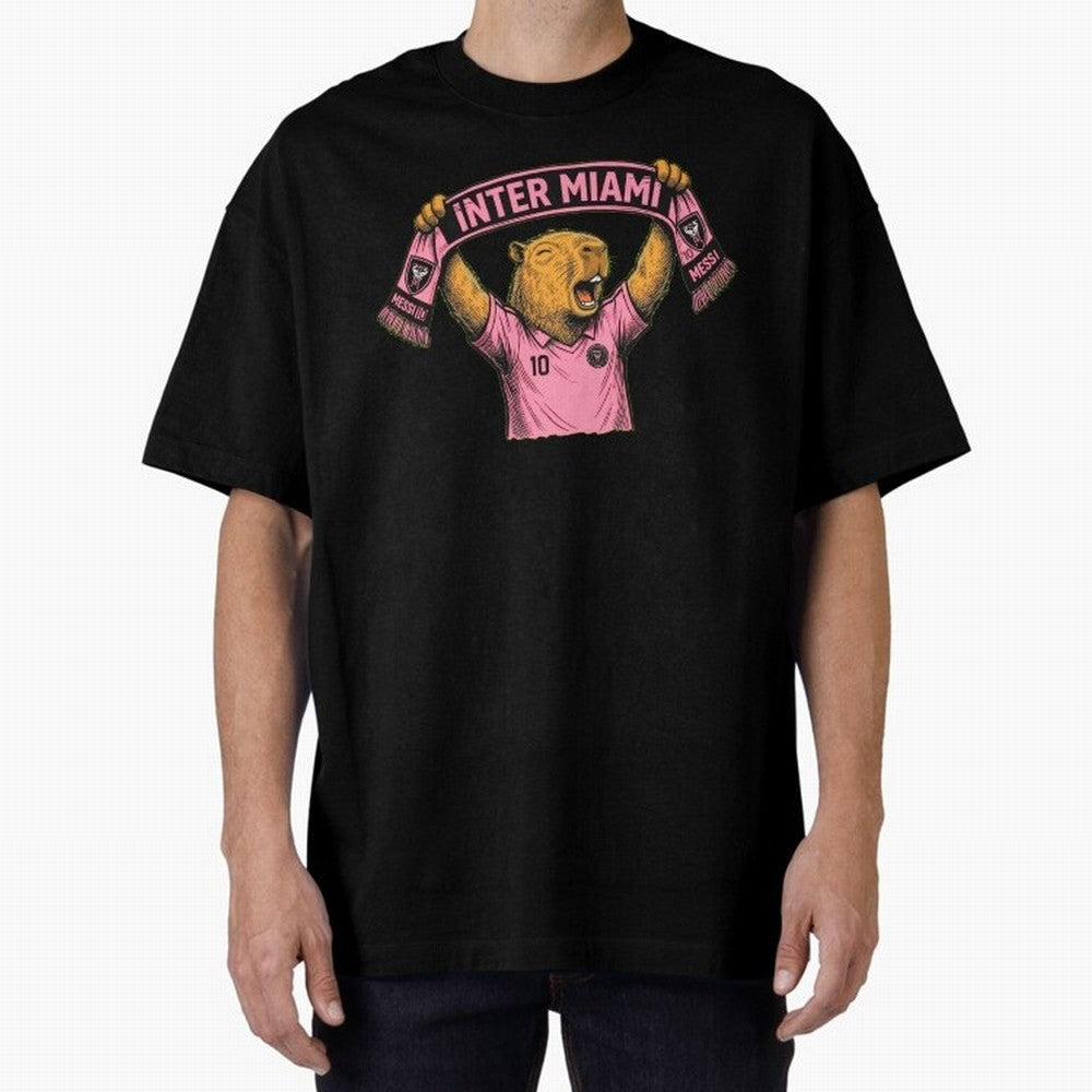 Capybara Inter Miami Fan Celebrating ¨C Funny Soccer Illustration with Scarf Oversized T-Shirt Create FIFA World Cup 2026 Group Stage Spirit, Made for Portugal, Cristiano Ronaldo, Haaland and CR7, Football Festival Excitement, Trophy Ambitions,