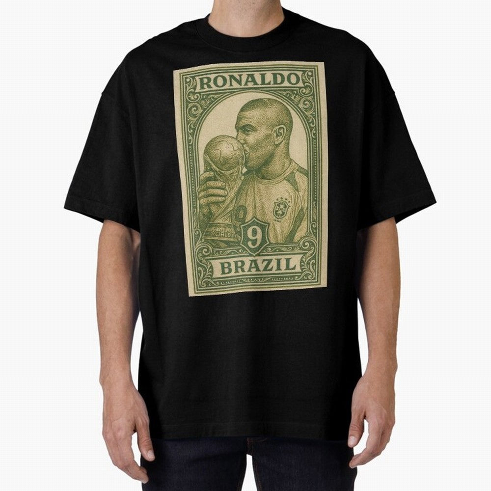 Vintage Brazilian Ronaldo Fenomeno R9 Football Legend Stamp Illustration ¨C Retro Soccer World Cup Art Print Oversized T-Shirt Carry National Pride through FIFA World Cup 2026 Spirit, Inspired by Portugal, Spain and Germany, Messi, CR7 and Mbappe,
