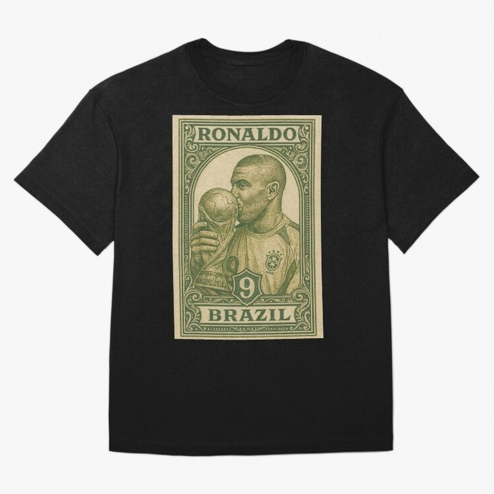 Vintage Brazilian Ronaldo Fenomeno R9 Football Legend Stamp Illustration ¨C Retro Soccer World Cup Art Print Oversized T-Shirt Carry National Pride through FIFA World Cup 2026 Spirit, Inspired by Portugal, Spain and Germany, Messi, CR7 and Mbappe,