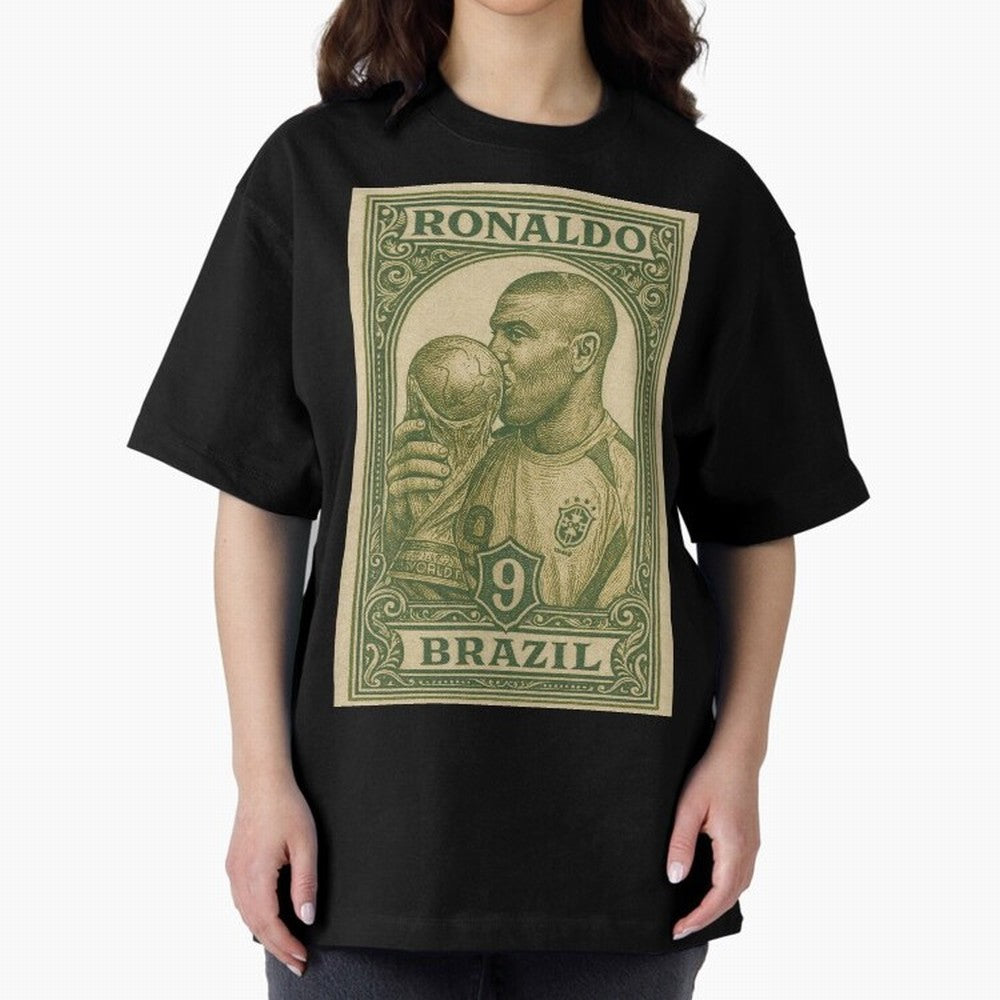 Vintage Brazilian Ronaldo Fenomeno R9 Football Legend Stamp Illustration ¨C Retro Soccer World Cup Art Print Oversized T-Shirt Carry National Pride through FIFA World Cup 2026 Spirit, Inspired by Portugal, Spain and Germany, Messi, CR7 and Mbappe,