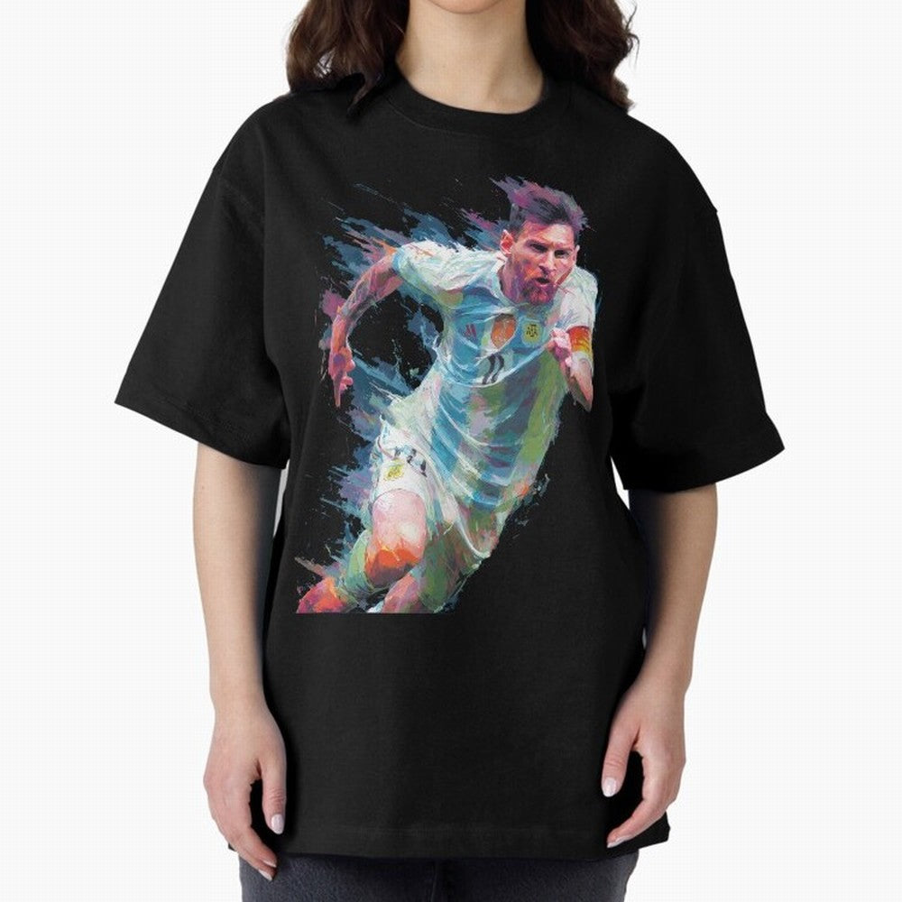 Messi in action Graphic Paint poster design Oversized T-Shirt Upgrade Global Football Passion for FIFA World Cup 2026 USA Canada Mexico, Filled with Mbappe, Portugal, Vintage Soccer Flavor, Modern Football Stars, National Flags and Final Night
