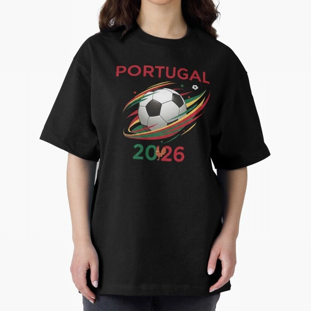 Camiseta Portugal 2026 - Bola de Futebol e Design Galo de Barcelos. Oversized T-Shirt Make Game Day About FIFA World Cup 2026 Group Stage Driven by Messi, Argentina, France and Brazil Energy, Fan Favorite Moments, National Team Passion, Big Match