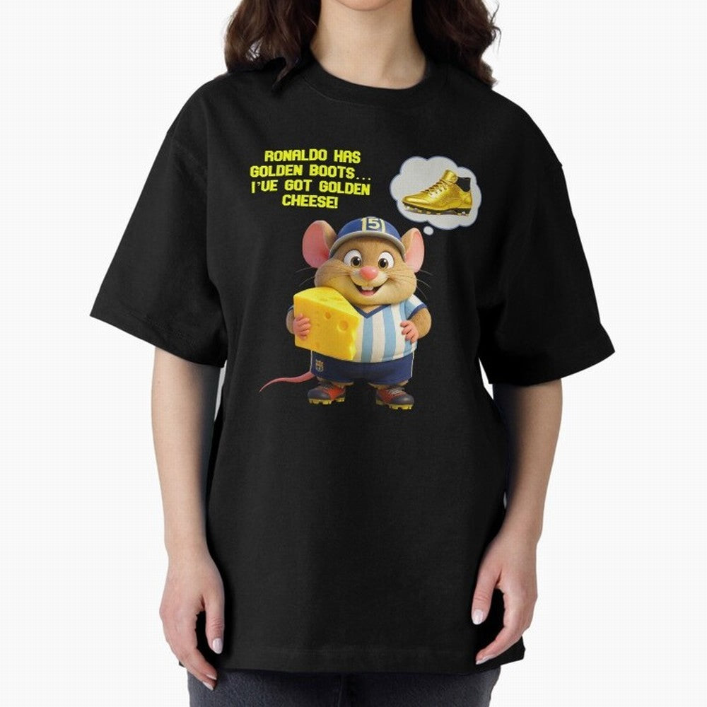 Zippy¡¯s Golden Cheese vs Ronaldo Oversized T-Shirt Capture Stadium Memories from FIFA World Cup 2026 USA Canada Mexico Highlighting Messi and Cristiano Ronaldo, Germany Energy, Sports Nostalgia, International Competition, Famous Players and