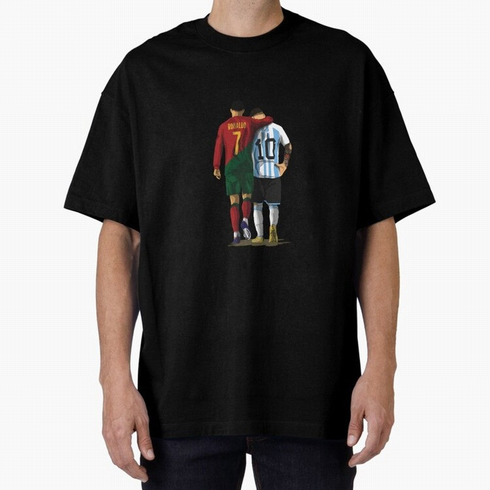 Messi Ronaldo Chit Chat Illustration Classic Oversized T-Shirt Celebrate Match Day Hype around FIFA World Cup 2026 Group Stage, Messi and Cristiano Ronaldo, Brazil, Portugal and Argentina, Stadium Chants, National Pride, Trophy Dreams and