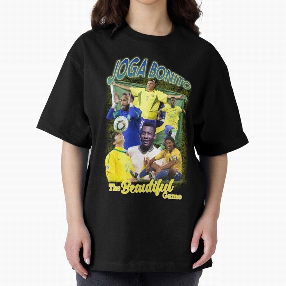 Joga Bonito Brazil Oversized T-Shirt Turn Up for Global Football Passion for FIFA World Cup 2026 USA Canada Mexico, Capturing Messi, Neymar and Mbappe, Argentina, Classic Soccer Heritage, Championship Pressure, Fan Loyalty and International Pride;