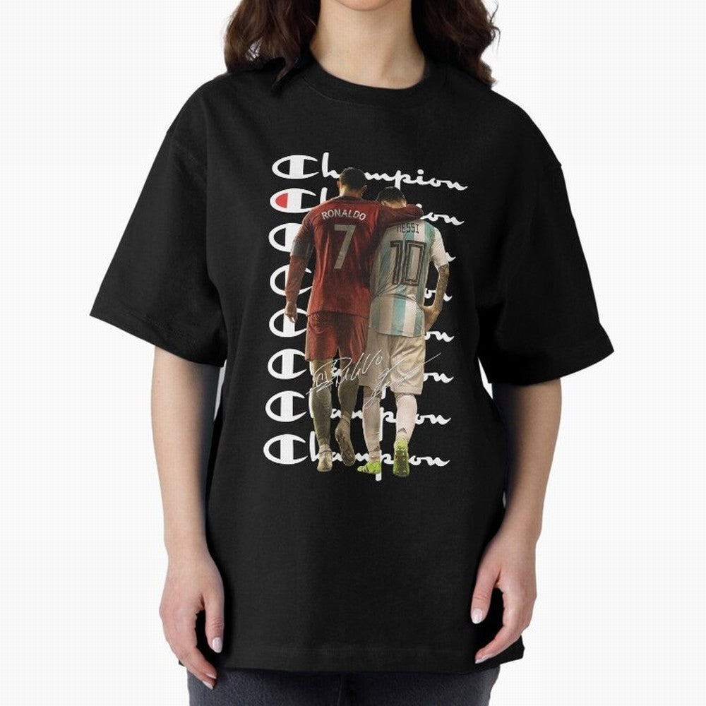 Ronaldos And Messis C-C-H-A-M-P-I-O-N-N Oversized T-Shirt Carry the Dream of FIFA World Cup 2026 Group Stage Capturing Haaland and Mbappe, Argentina Energy, Champion Mindset, Group Stage Buzz, Knockout Tension and Passionate Fan Culture; Ideal for