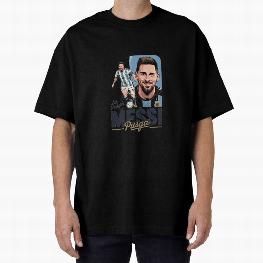 Lionel Messi Argentinian La Pulga Oversized T-Shirt Build FIFA World Cup 2026 Spirit, Connected to Argentina and Brazil, Neymar, Haaland and Cristiano Ronaldo, Retro Football Energy, Iconic Rivalries, Trophy Chase Drama and Stadium Atmosphere;