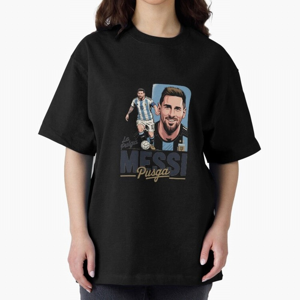 Lionel Messi Argentinian La Pulga Oversized T-Shirt Build FIFA World Cup 2026 Spirit, Connected to Argentina and Brazil, Neymar, Haaland and Cristiano Ronaldo, Retro Football Energy, Iconic Rivalries, Trophy Chase Drama and Stadium Atmosphere;