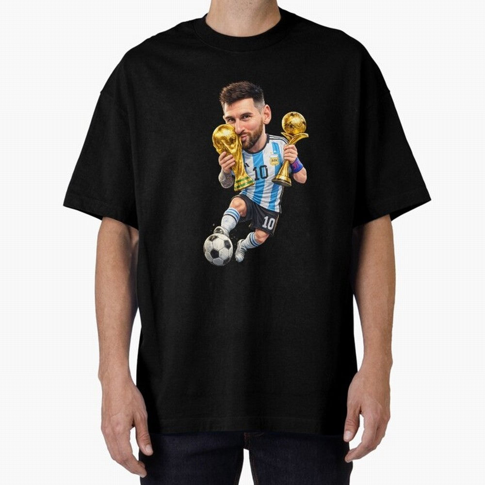 Lionel Messi ¨C Trophy King Caricature Oversized T-Shirt Bring a Vintage Feel to FIFA World Cup 2026 Group Stage Spirit, Made for France and Portugal, Cristiano Ronaldo, Stadium Memories, Football Loyalty, International Chants and Championship