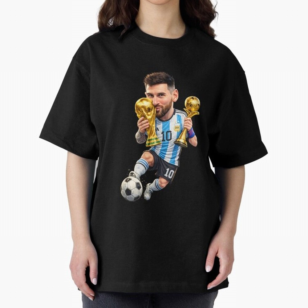 Lionel Messi ¨C Trophy King Caricature Oversized T-Shirt Bring a Vintage Feel to FIFA World Cup 2026 Group Stage Spirit, Made for France and Portugal, Cristiano Ronaldo, Stadium Memories, Football Loyalty, International Chants and Championship