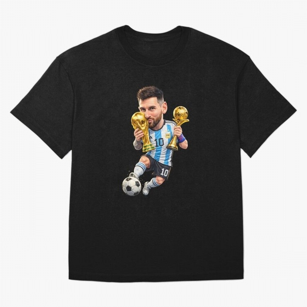Lionel Messi ¨C Trophy King Caricature Oversized T-Shirt Bring a Vintage Feel to FIFA World Cup 2026 Group Stage Spirit, Made for France and Portugal, Cristiano Ronaldo, Stadium Memories, Football Loyalty, International Chants and Championship