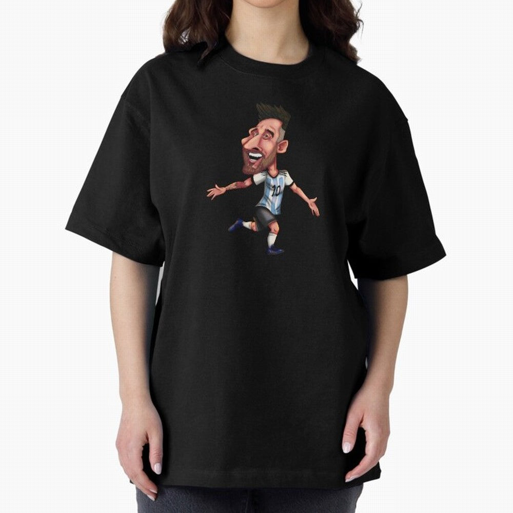 Lionel Messi Sticker Oversized T-Shirt Celebrate Fan Culture around FIFA World Cup 2026 Group Stage for Fans of Haaland and Mbappe and Netherlands, Bringing Vintage Soccer Flavor, Modern Football Stars, National Flags and Final Night Emotion;