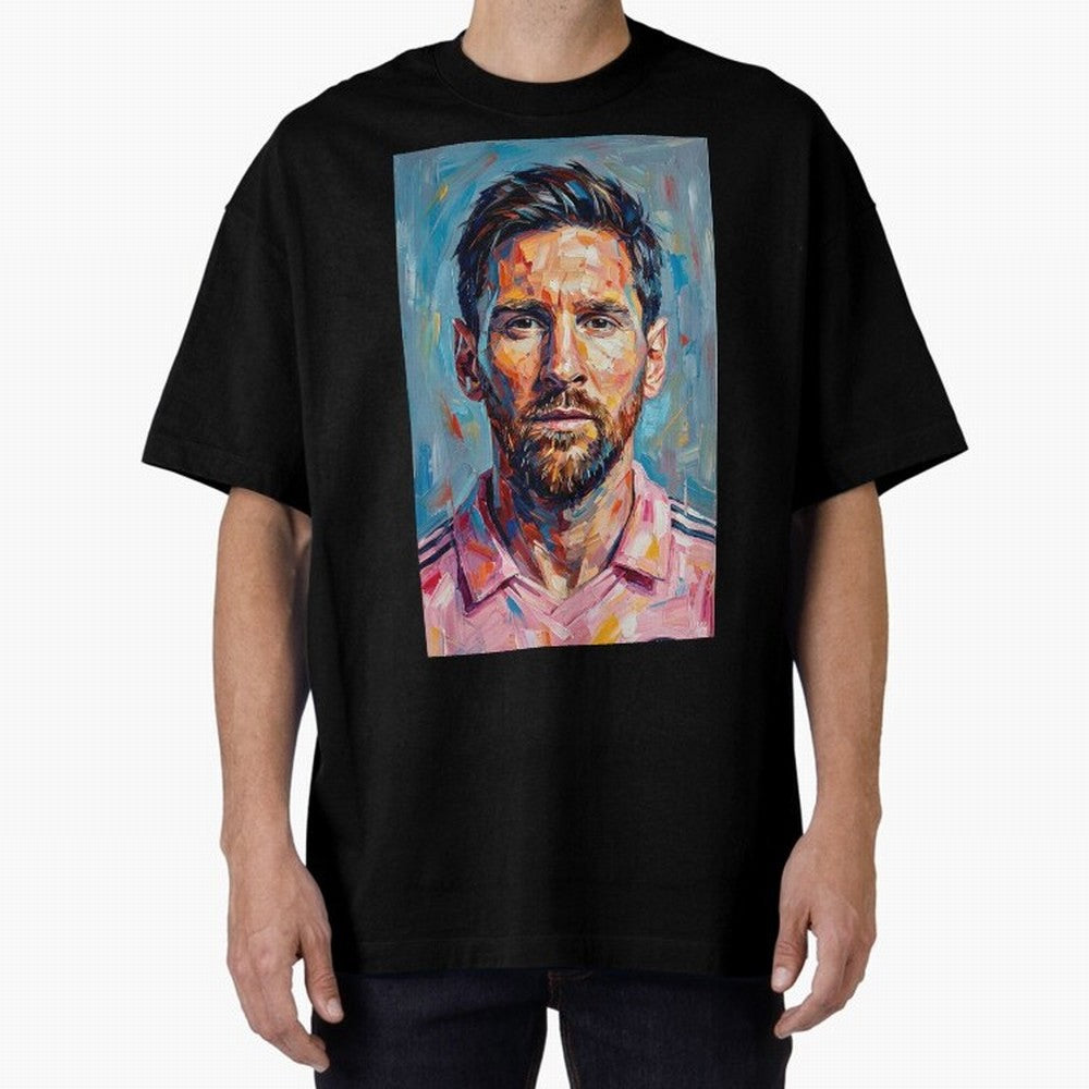 Portrait Painting of Lionel Messi Classic T-Shirt Celebrate Fan Culture around FIFA World Cup 2026 USA Canada Mexico Connected to Mbappe and Neymar, Argentina and Brazil Energy, Classic Soccer Heritage, Championship Pressure, Fan Loyalty and