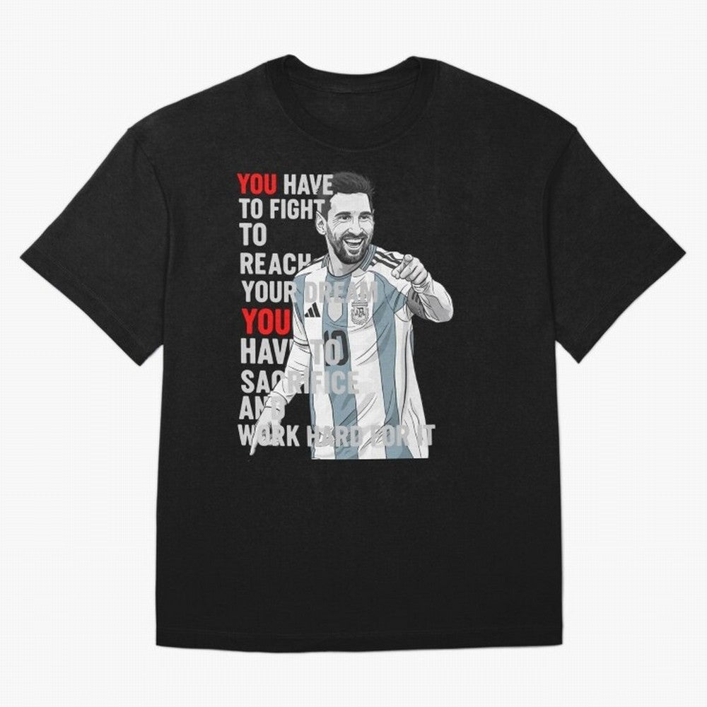 Lionel Messi Dream & Sacrifice Oversized T-Shirt Treasure Global Football Passion for FIFA World Cup 2026, Driven by Messi, CR7 and Mbappe, Spain and Netherlands, Worldwide Fan Energy, Dramatic Goals, Stadium Lights and Championship Celebrations;