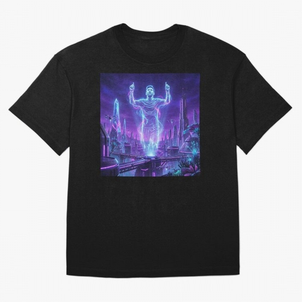 Lionel Messi (GOAT) Hologram in Futuristic Cyberpunk City (Version 2) Classic T-Shirt Fuel the Hype around the FIFA World Cup 2026 Journey through Haaland Highlights, England Pride, Sports Nostalgia, International Competition, Famous Players and