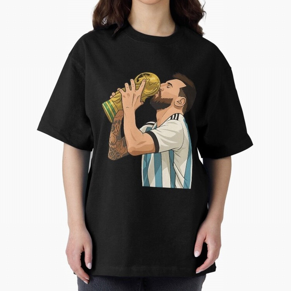 Messi Cup Oversized T-Shirt Celebrate the Biggest Stage of FIFA World Cup 2026 USA Canada Mexico for Fans of Cristiano Ronaldo and France and Portugal, Bringing Worldwide Fan Energy, Dramatic Goals, Stadium Lights and Championship Celebrations;
