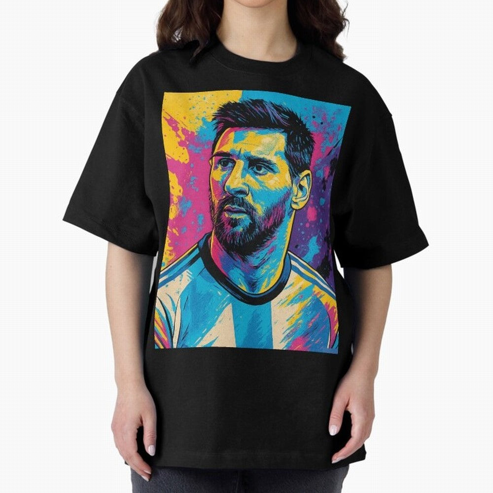 Messi Pop Art Portrait Oversized T-Shirt Mark the FIFA World Cup 2026 Group Stage Journey through Cristiano Ronaldo, Haaland and CR7 Highlights, Brazil, Portugal and Argentina Pride, Vintage Soccer Flavor, Modern Football Stars, National Flags and