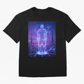 Lionel Messi (GOAT) Hologram in Futuristic Cyberpunk City (Version 4) Classic T-Shirt Share FIFA World Cup 2026 for Fans of Neymar, Haaland and Cristiano Ronaldo and Brazil, Portugal and Argentina, Bringing Game Day Rituals, Football Legends,