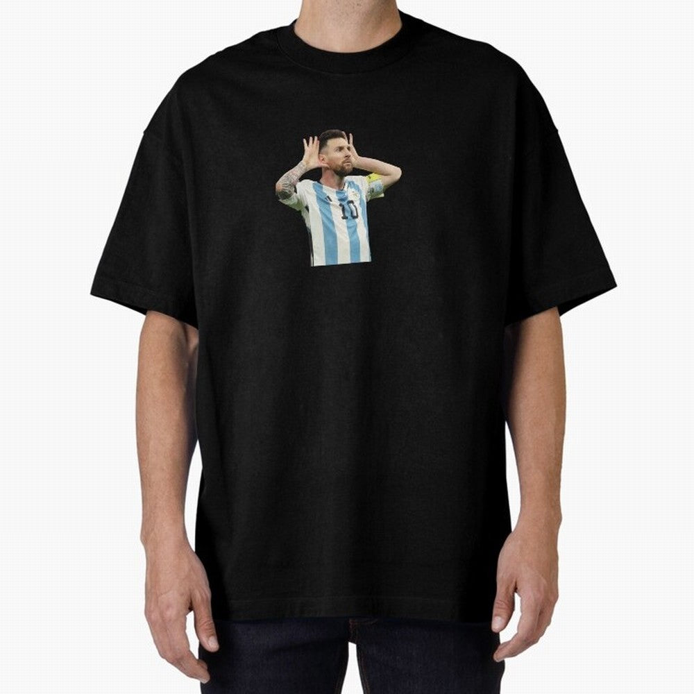 Lionel Messi Argentina Celebration Sticker Oversized T-Shirt Make the Season About Global Football Passion for FIFA World Cup 2026, Filled with Messi and Cristiano Ronaldo, Argentina, France and Brazil, Football Festival Excitement, Trophy