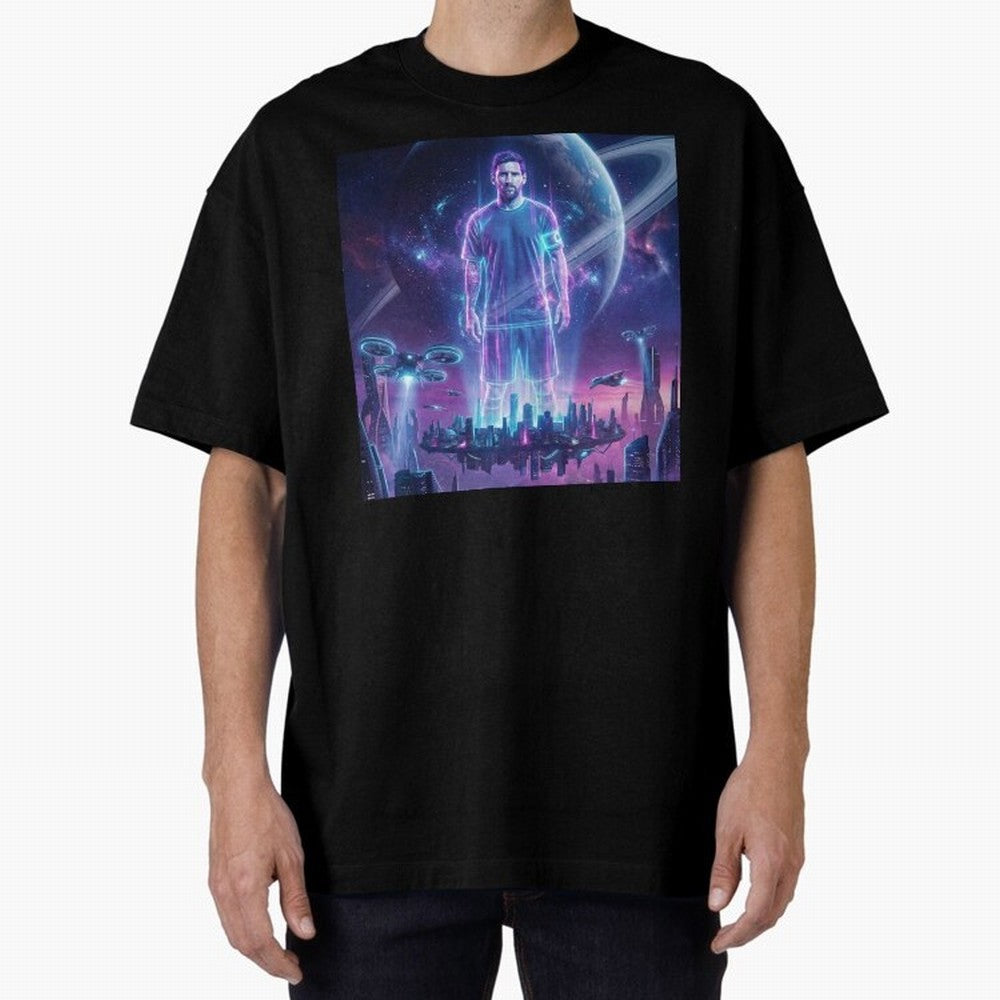 Lionel Messi (GOAT) Hologram in Futuristic Cyberpunk City (Version 3) Classic T-Shirt Feel International Energy from FIFA World Cup 2026 USA Canada Mexico for Fans of Mbappe and Argentina, France and Brazil, Bringing Goal Celebration Energy,
