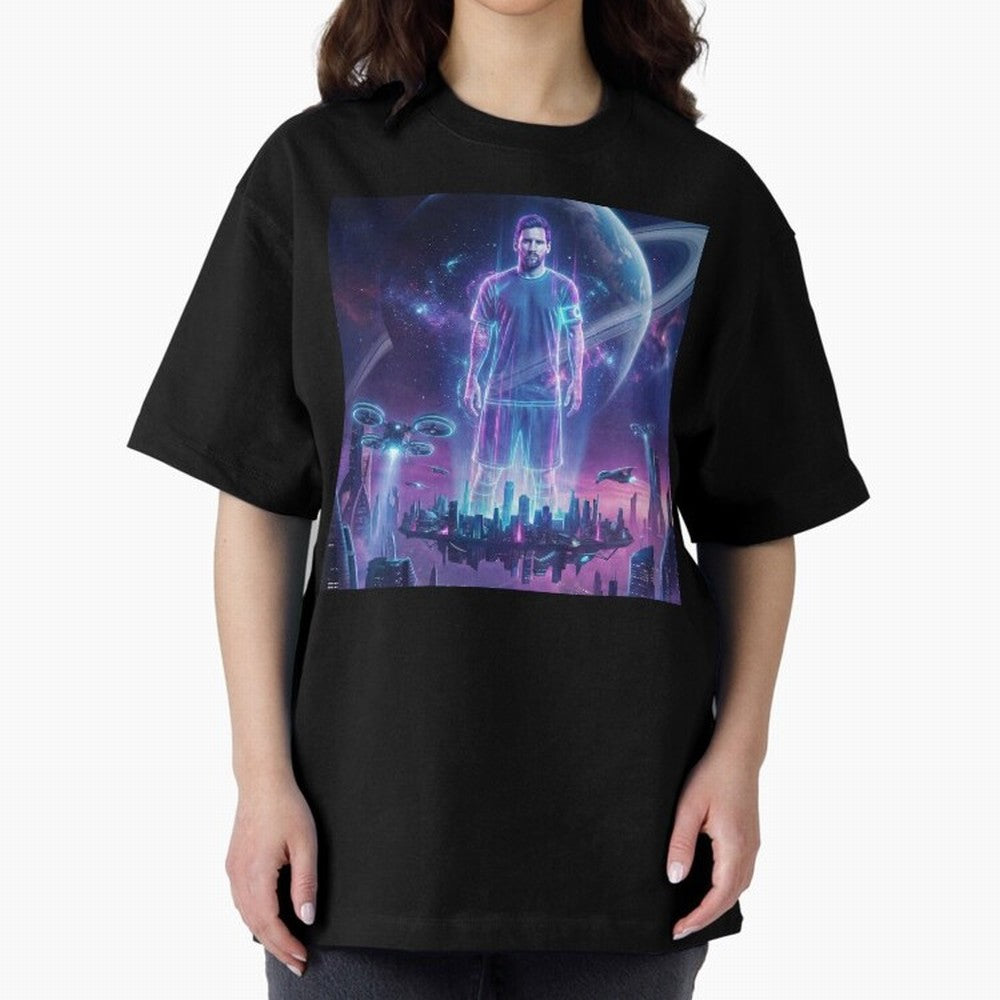Lionel Messi (GOAT) Hologram in Futuristic Cyberpunk City (Version 3) Classic T-Shirt Feel International Energy from FIFA World Cup 2026 USA Canada Mexico for Fans of Mbappe and Argentina, France and Brazil, Bringing Goal Celebration Energy,