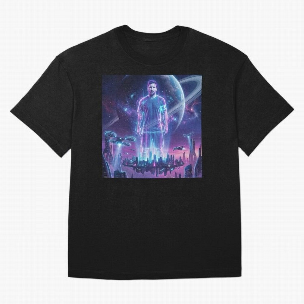 Lionel Messi (GOAT) Hologram in Futuristic Cyberpunk City (Version 3) Classic T-Shirt Feel International Energy from FIFA World Cup 2026 USA Canada Mexico for Fans of Mbappe and Argentina, France and Brazil, Bringing Goal Celebration Energy,