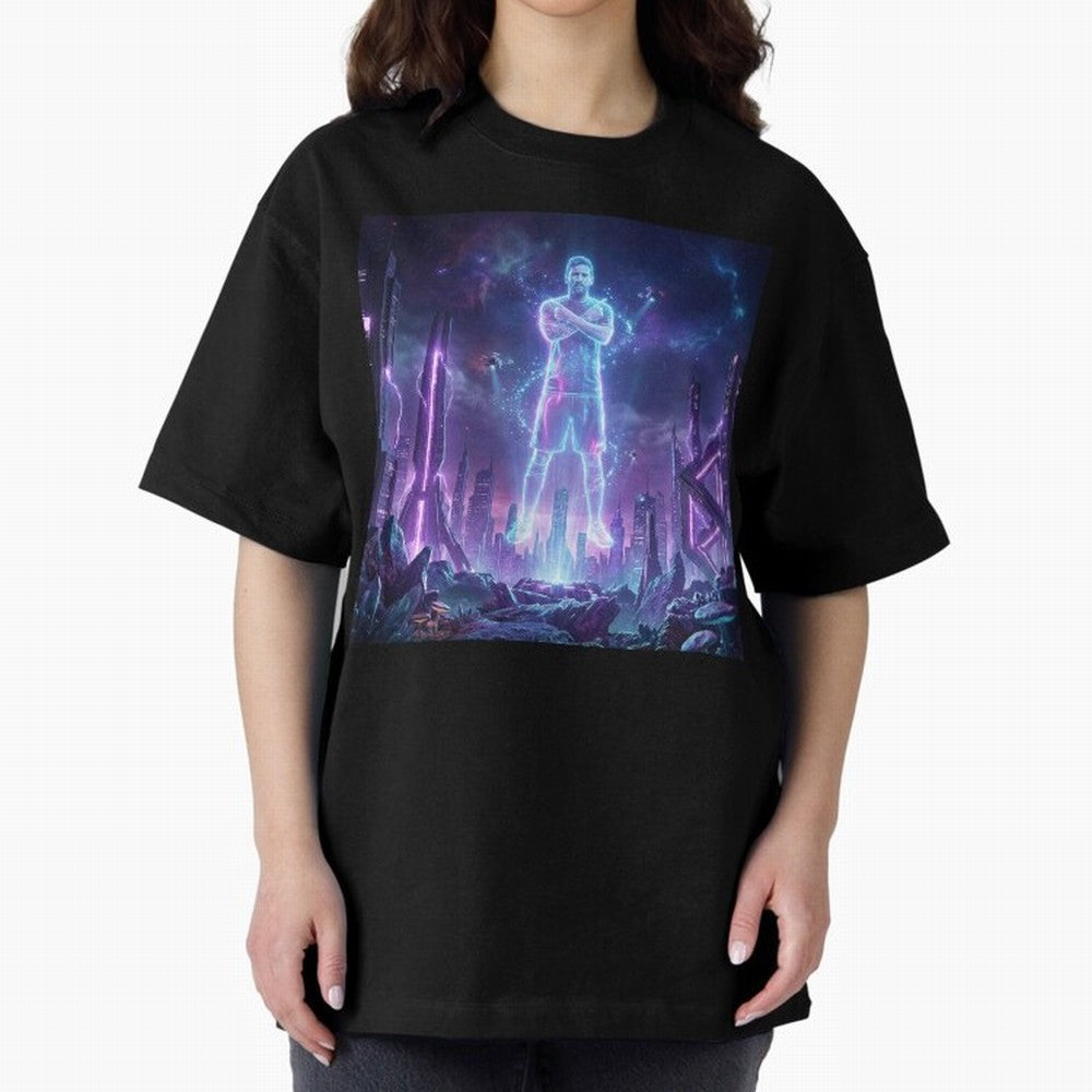 Lionel Messi (GOAT) Hologram in Futuristic Cyberpunk City Classic T-Shirt Create FIFA World Cup 2026 USA Canada Mexico Spirit, Celebrating England, Mbappe and Neymar, Fan Favorite Moments, National Team Passion, Big Match Drama and Soccer History;