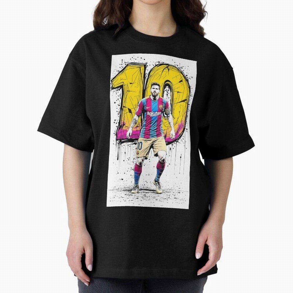 Lionel Messi Barcelona 10 Fan Art Oversized T-Shirt Turn Up for FIFA World Cup 2026 USA Canada Mexico Driven by Messi and Cristiano Ronaldo, Portugal, Spain and Germany Energy, Championship Spirit, Famous Goals, Roaring Crowds and International