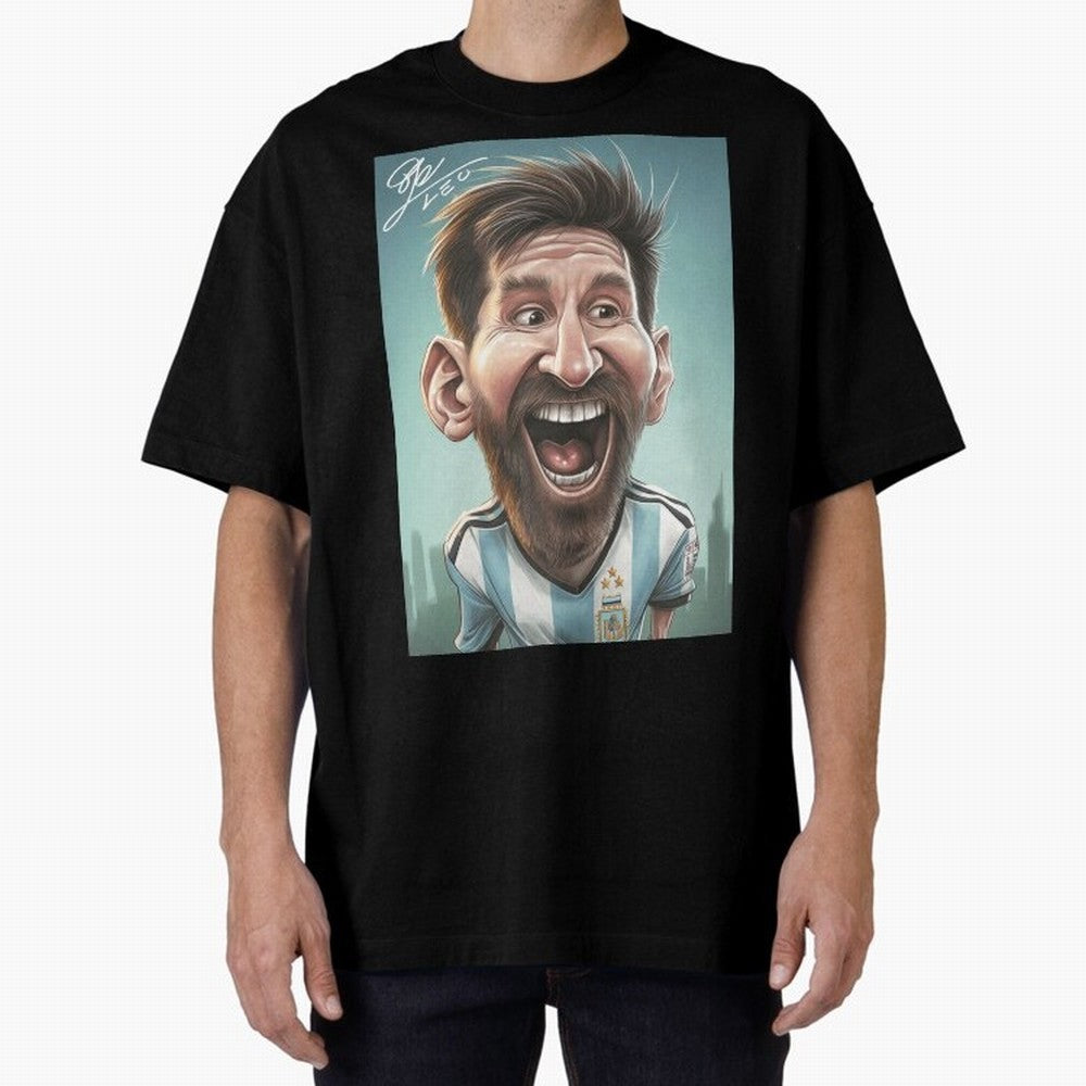Lionel Messi Caricature Art with Autograph Oversized T-Shirt Follow the Final Road of Global Football Passion for FIFA World Cup 2026, Highlighting Mbappe and Neymar, France, Football Festival Excitement, Trophy Ambitions, Country Rivalries and