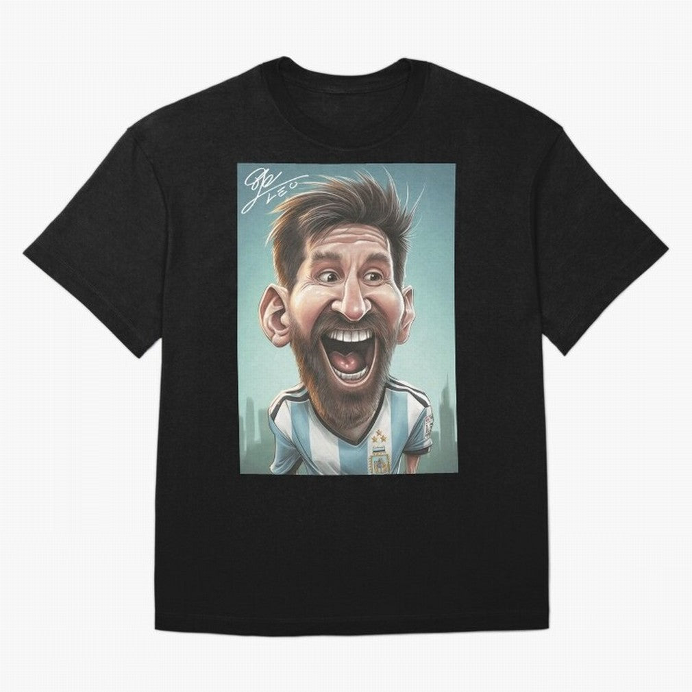 Lionel Messi Caricature Art with Autograph Oversized T-Shirt Follow the Final Road of Global Football Passion for FIFA World Cup 2026, Highlighting Mbappe and Neymar, France, Football Festival Excitement, Trophy Ambitions, Country Rivalries and