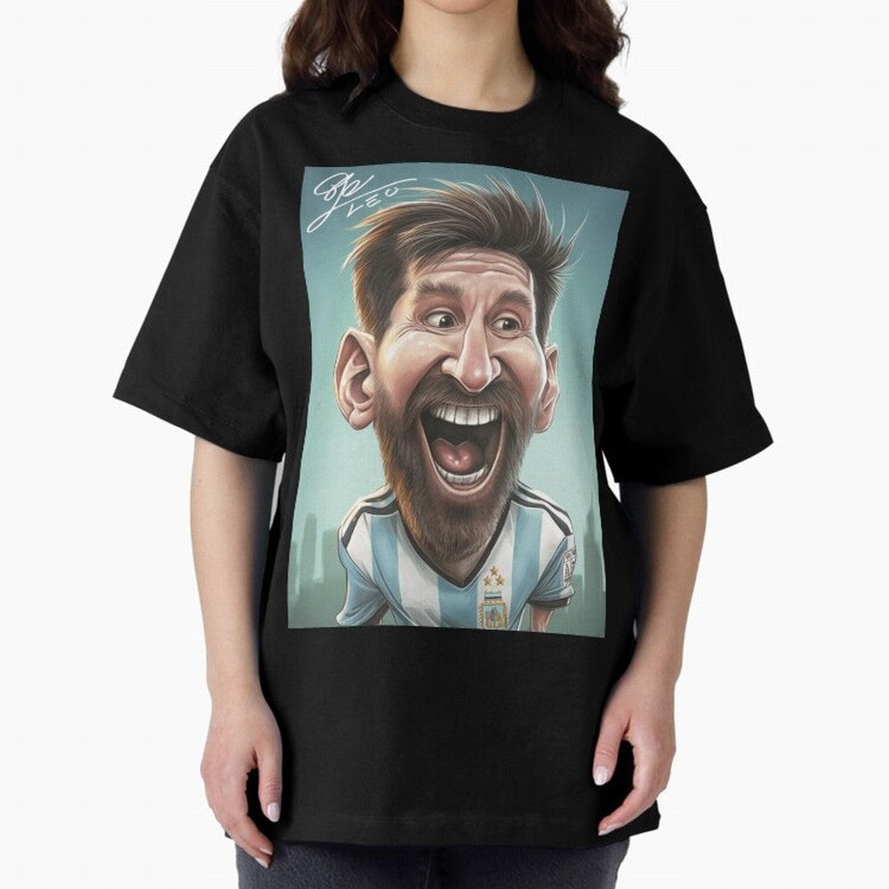Lionel Messi Caricature Art with Autograph Oversized T-Shirt Follow the Final Road of Global Football Passion for FIFA World Cup 2026, Highlighting Mbappe and Neymar, France, Football Festival Excitement, Trophy Ambitions, Country Rivalries and