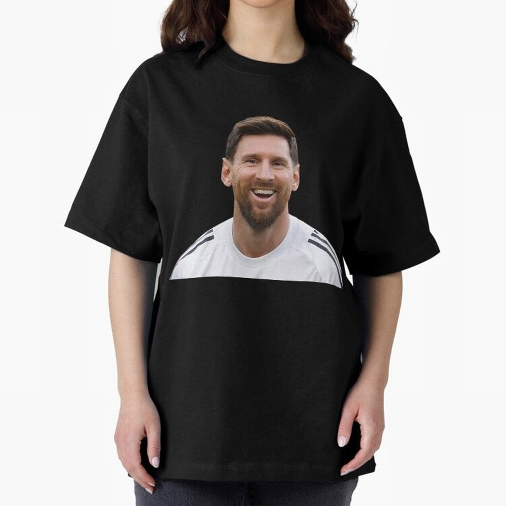 Lionel Messi smiling Oversized T-Shirt Experience the Global Stage of FIFA World Cup 2026 for Fans of Mbappe and Neymar and Portugal, Spain and Germany, Bringing Global Supporter Spirit, Legendary Goals, National Colors and Tournament Celebration;
