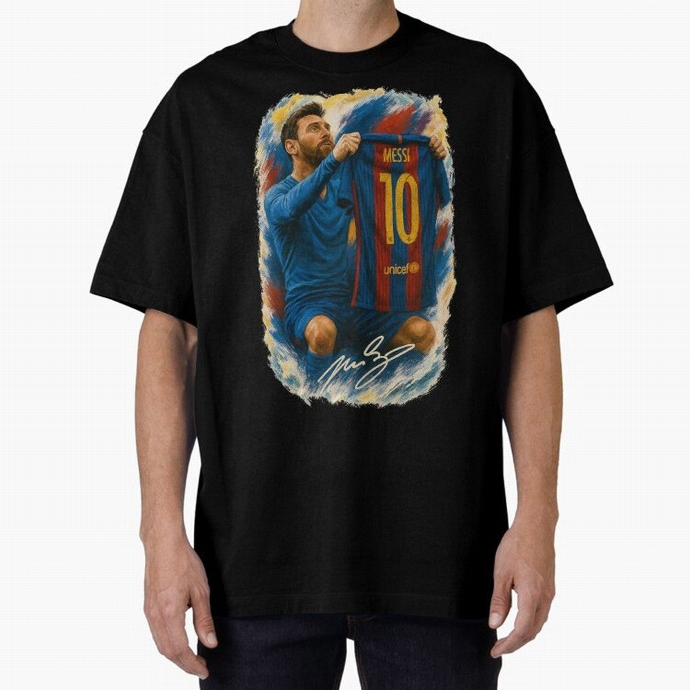 Messi Shirt Celebration Poster ¨C Iconic FC Barcelona Number 10 Artwork Oversized T-Shirt Remember Iconic Moments from the FIFA World Cup 2026 Journey through Messi Highlights, Argentina Pride, Match Day Excitement, Supporter Culture, Golden Goals