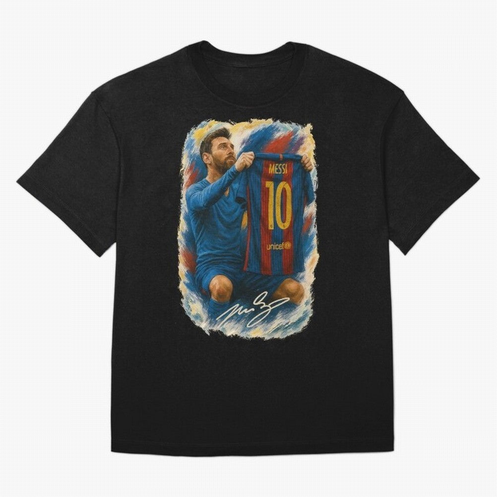 Messi Shirt Celebration Poster ¨C Iconic FC Barcelona Number 10 Artwork Oversized T-Shirt Remember Iconic Moments from the FIFA World Cup 2026 Journey through Messi Highlights, Argentina Pride, Match Day Excitement, Supporter Culture, Golden Goals