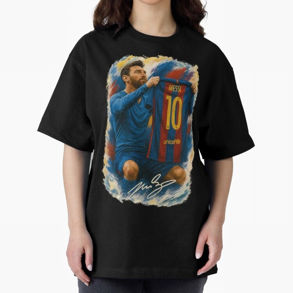 Messi Shirt Celebration Poster ¨C Iconic FC Barcelona Number 10 Artwork Oversized T-Shirt Remember Iconic Moments from the FIFA World Cup 2026 Journey through Messi Highlights, Argentina Pride, Match Day Excitement, Supporter Culture, Golden Goals