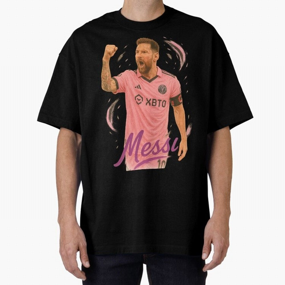 Lionel Messi Inter Miami Art ¨C Pink Jersey Football Icon Tribute	 Oversized T-Shirt Live the Energy of FIFA World Cup 2026 for Fans of Messi, CR7 and Mbappe and Portugal, Spain and Germany, Bringing Soccer Culture, Superstar Moments, National Team
