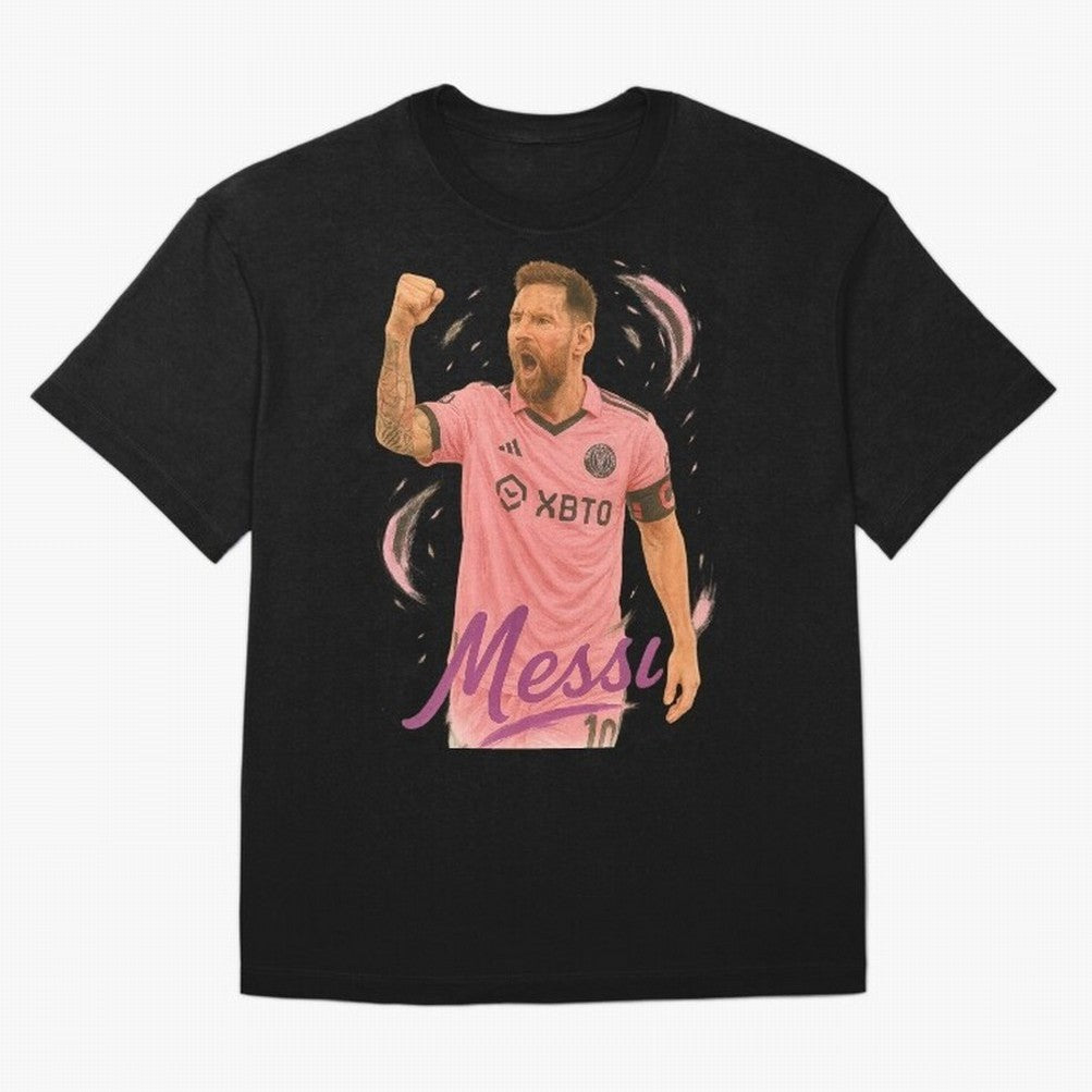 Lionel Messi Inter Miami Art ¨C Pink Jersey Football Icon Tribute	 Oversized T-Shirt Live the Energy of FIFA World Cup 2026 for Fans of Messi, CR7 and Mbappe and Portugal, Spain and Germany, Bringing Soccer Culture, Superstar Moments, National Team