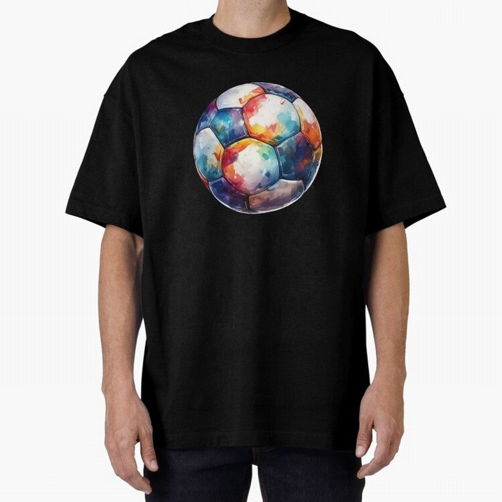 Football Soccer Ball Watercolor Illustration Drawing (Black BG) Oversized T-Shirt Celebrate Every Goal in FIFA World Cup 2026 Spirit, Connected to England, Mbappe and Neymar, Stadium Memories, Football Loyalty, International Chants and Championship