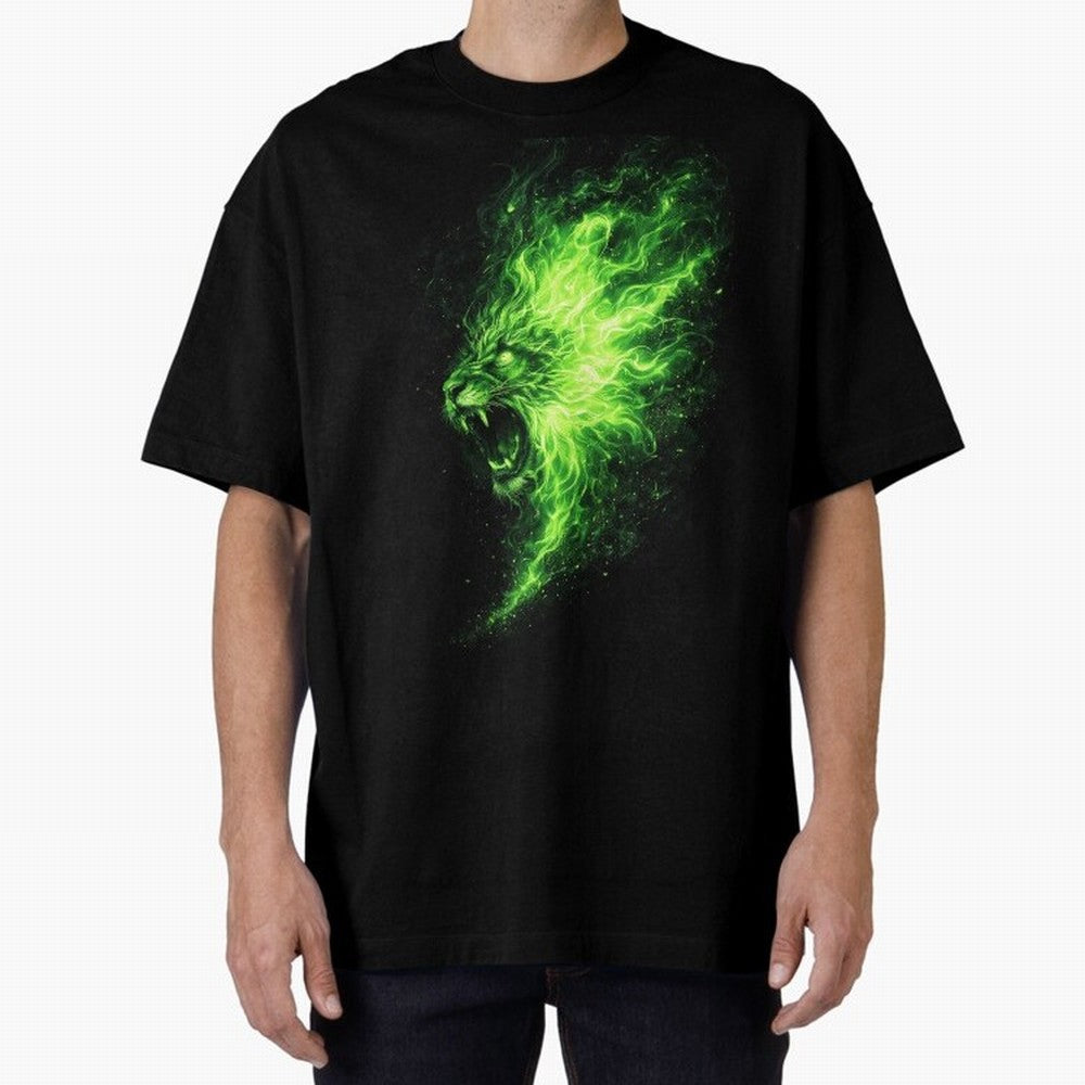 Neon Green Flame Lion ¨C Glowing Fire Roar Beast Graphic | Dark Aesthetic Streetwear Design Graphic T-Shirt Celebrate Global Passion for FIFA World Cup 2026 Spirit, with Netherlands, Haaland and Mbappe, Goal Celebration Energy, Supporter Heritage,