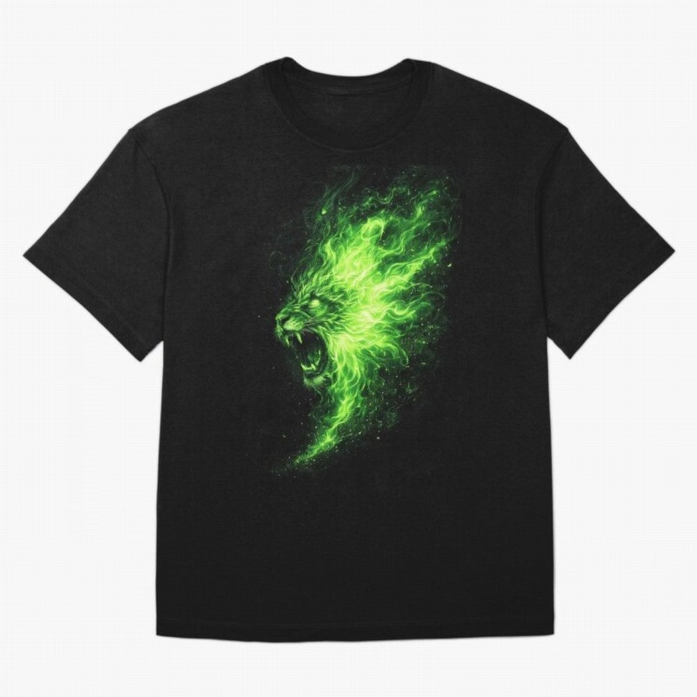 Neon Green Flame Lion ¨C Glowing Fire Roar Beast Graphic | Dark Aesthetic Streetwear Design Graphic T-Shirt Celebrate Global Passion for FIFA World Cup 2026 Spirit, with Netherlands, Haaland and Mbappe, Goal Celebration Energy, Supporter Heritage,