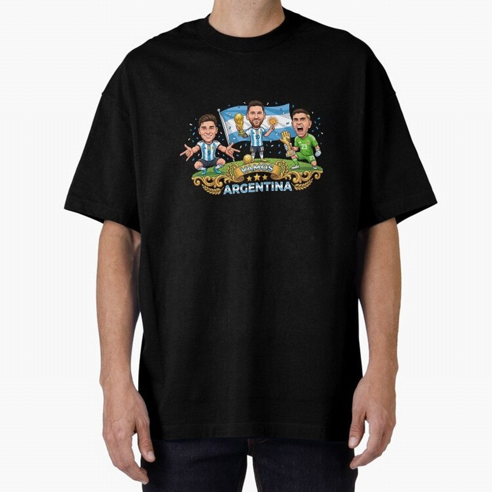Argentina World Champions Messi Cartoon Classic T-Shirt Bring Trophy Dreams to the FIFA World Cup 2026 USA Canada Mexico Journey through Haaland and Mbappe Highlights, Spain Pride, Football Festival Excitement, Trophy Ambitions, Country Rivalries