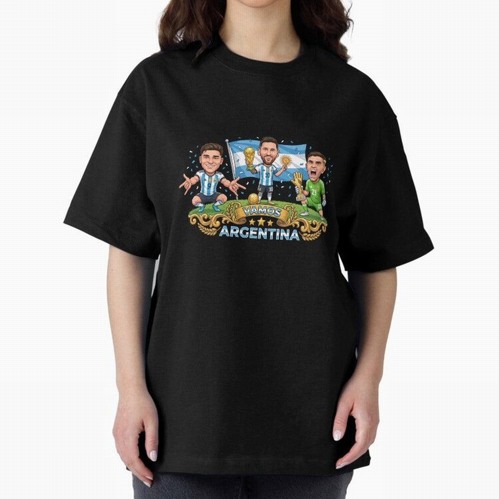 Argentina World Champions Messi Cartoon Classic T-Shirt Bring Trophy Dreams to the FIFA World Cup 2026 USA Canada Mexico Journey through Haaland and Mbappe Highlights, Spain Pride, Football Festival Excitement, Trophy Ambitions, Country Rivalries