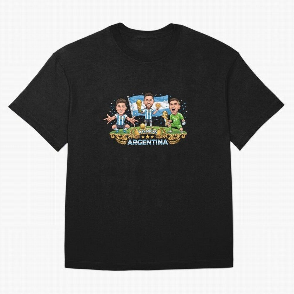 Argentina World Champions Messi Cartoon Classic T-Shirt Bring Trophy Dreams to the FIFA World Cup 2026 USA Canada Mexico Journey through Haaland and Mbappe Highlights, Spain Pride, Football Festival Excitement, Trophy Ambitions, Country Rivalries