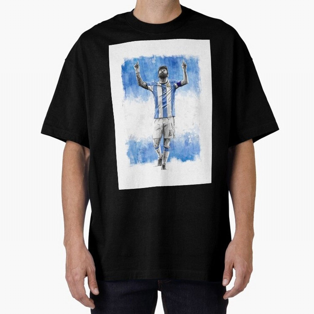 Messi Argentina Football Drawing Oversized T-Shirt Honor Champions and Dreams in Global Football Passion for FIFA World Cup 2026, Centered on Haaland and Mbappe, Brazil, Championship Spirit, Famous Goals, Roaring Crowds and International Football