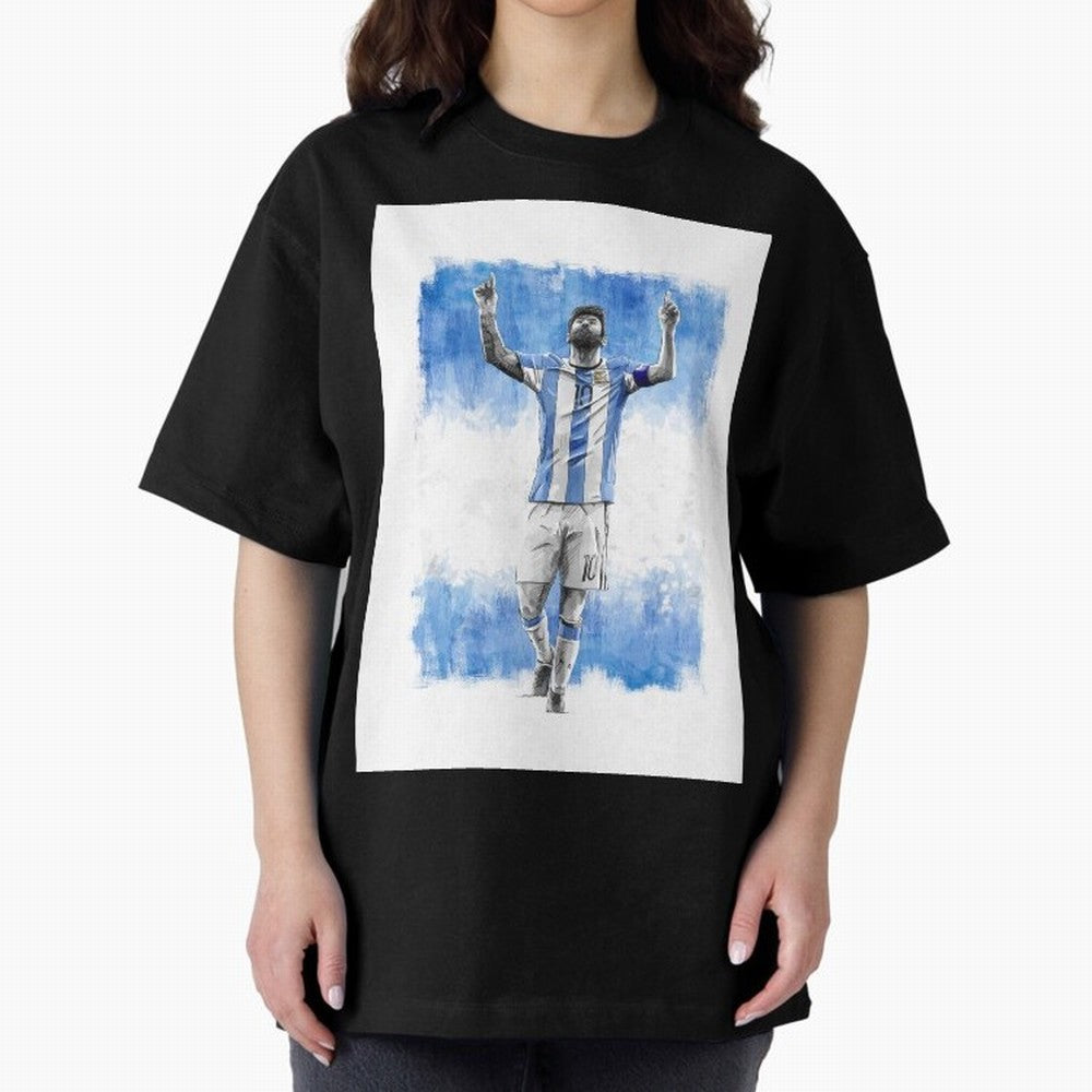 Messi Argentina Football Drawing Oversized T-Shirt Honor Champions and Dreams in Global Football Passion for FIFA World Cup 2026, Centered on Haaland and Mbappe, Brazil, Championship Spirit, Famous Goals, Roaring Crowds and International Football