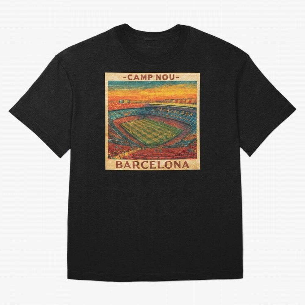 Camp Nou Barcelona FC Classic T-Shirt Showcase Global Football Passion for FIFA World Cup 2026 USA Canada Mexico, with Messi, CR7 and Mbappe, Spain and Netherlands, Vintage Soccer Flavor, Modern Football Stars, National Flags and Final Night
