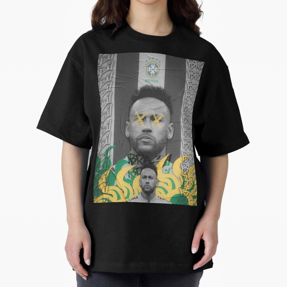 Brazil Football Star Grunge Poster Oversized T-Shirt Celebrate Rivalries and Pride in FIFA World Cup 2026 for Fans of Neymar and Portugal, Spain and Germany, Bringing Retro Football Energy, Iconic Rivalries, Trophy Chase Drama and Stadium