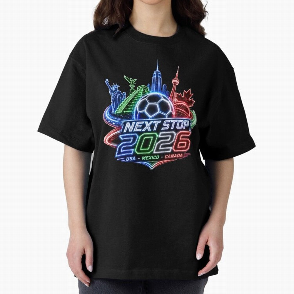Next Stop 2026 USA Mexico Canada Neon Soccer Emblem Classic T-Shirt Carry FIFA World Cup 2026 USA Canada Mexico for Fans of Messi and Cristiano Ronaldo and England, France and Netherlands, Bringing Global Supporter Spirit, Legendary Goals, National